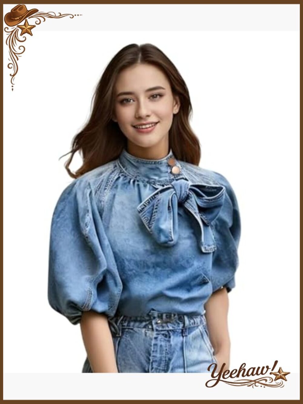 Women's Denim Pullover Top Bow Button Mock Neck Puff Sleeve Jacket - Picture 4 of 7